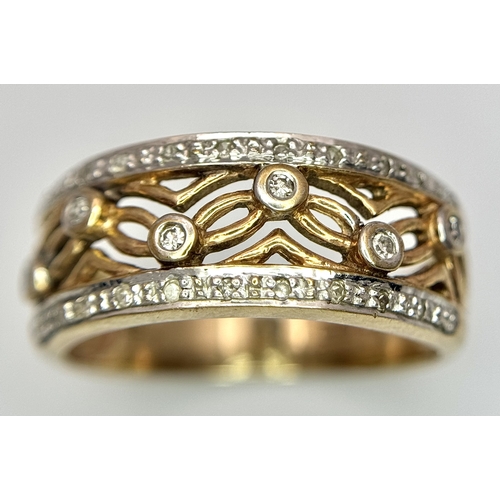 69 - A 9k yellow gold diamond, wide band ring - 0.3ctw diamond. 5g total weight. Size P. 1174I