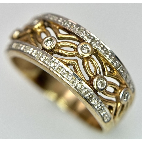 69 - A 9k yellow gold diamond, wide band ring - 0.3ctw diamond. 5g total weight. Size P. 1174I