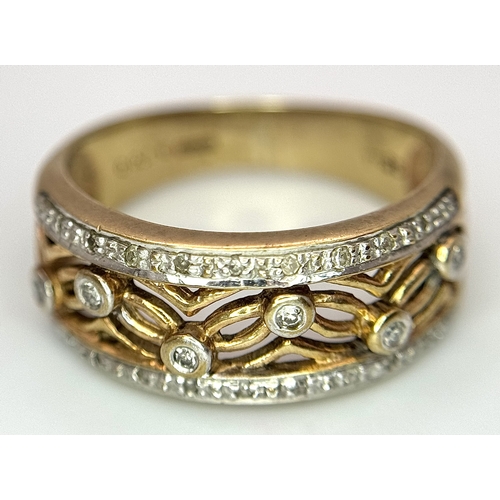 69 - A 9k yellow gold diamond, wide band ring - 0.3ctw diamond. 5g total weight. Size P. 1174I