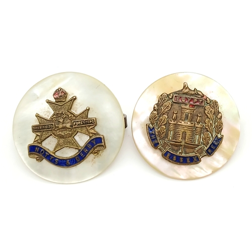 921 - Two WW2 Mother of Pearl Sweetheart Brooches. The Essex Regiment and the Nott’s & Derby Regiment.