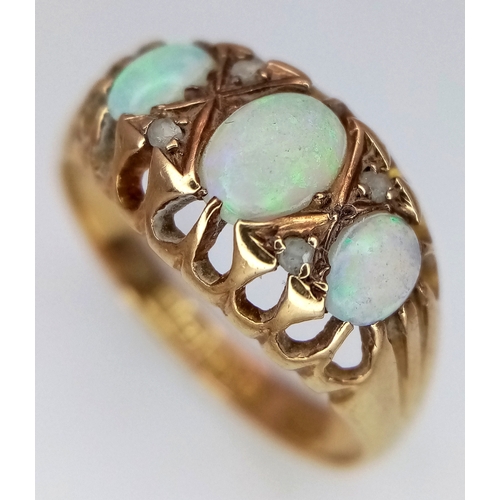 147 - Magnificent  Antique 18 CARAT GOLD,  DIAMOND and OPAL RING. Having 3 x FIRE OPALS with DIAMOND DIVID... 