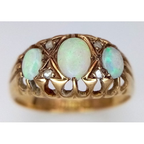 147 - Magnificent  Antique 18 CARAT GOLD,  DIAMOND and OPAL RING. Having 3 x FIRE OPALS with DIAMOND DIVID... 