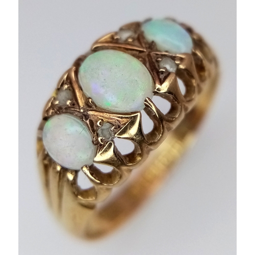 147 - Magnificent  Antique 18 CARAT GOLD,  DIAMOND and OPAL RING. Having 3 x FIRE OPALS with DIAMOND DIVID... 