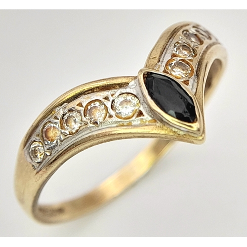 196 - Fabulous 9 CARAT GOLD CHEVRON RING , Set to top  with Sparkling ZIRCONIA and BLACK SPINEL. Fully hal... 