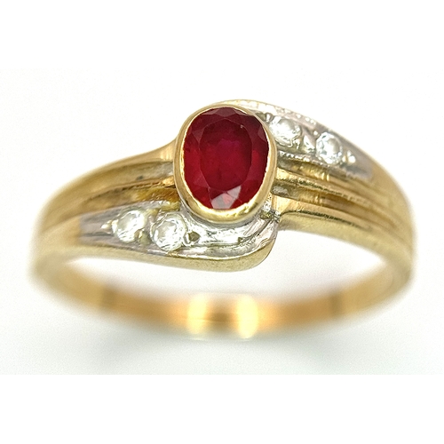 142 - A 14K Yellow Gold Red and White Stone Crossover Ring. Size O 1/2. 2.75g