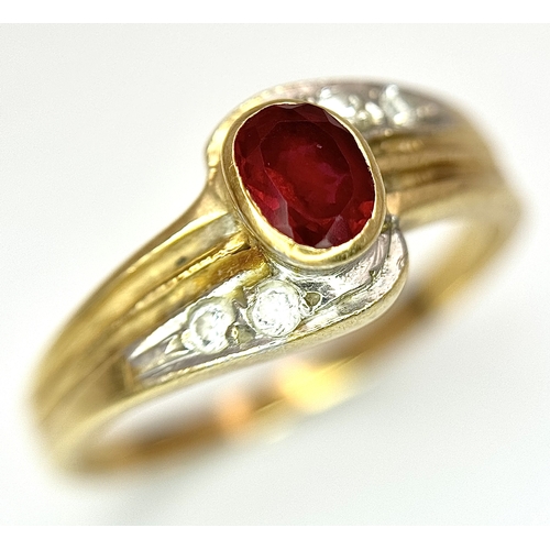 142 - A 14K Yellow Gold Red and White Stone Crossover Ring. Size O 1/2. 2.75g