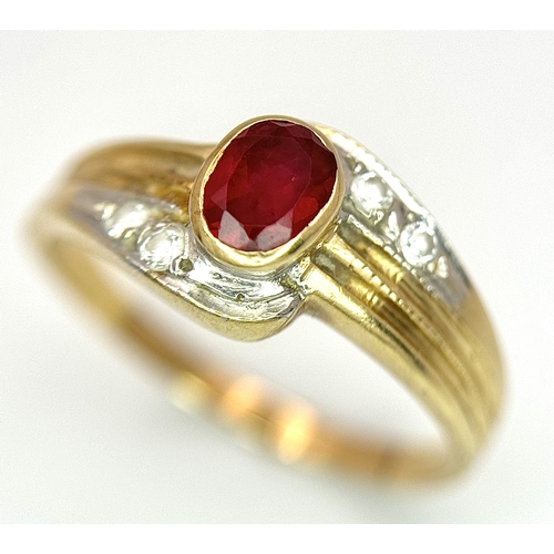 142 - A 14K Yellow Gold Red and White Stone Crossover Ring. Size O 1/2. 2.75g