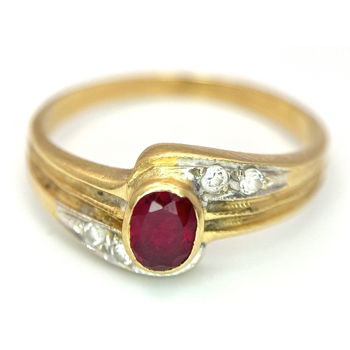 142 - A 14K Yellow Gold Red and White Stone Crossover Ring. Size O 1/2. 2.75g