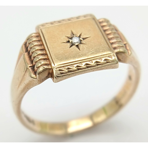 259 - Stunning vintage 9 CARAT GOLD SIGNET RING with Centre Diamond in Starburst Setting. Full UK hallmark... 