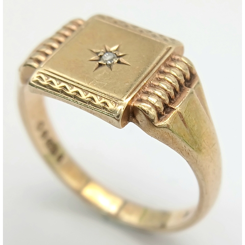 259 - Stunning vintage 9 CARAT GOLD SIGNET RING with Centre Diamond in Starburst Setting. Full UK hallmark... 