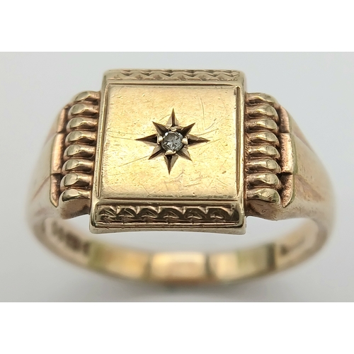 259 - Stunning vintage 9 CARAT GOLD SIGNET RING with Centre Diamond in Starburst Setting. Full UK hallmark... 