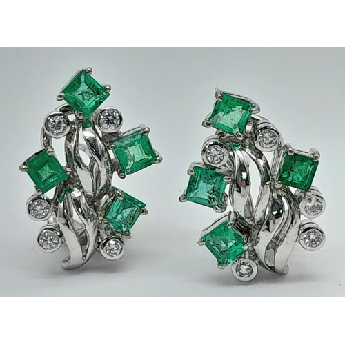 106 - A PAIR OF 9K WHITE GOLD (TESTED) EMERALD & DIAMOND STUD EARRINGS 8.5G TOTAL WEIGHT, 1.5CM x 2.3CM . ... 