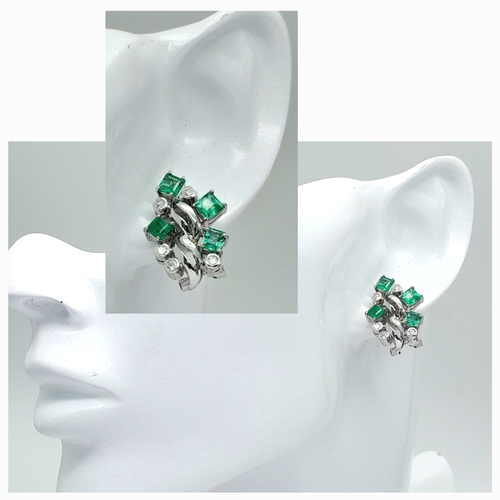 106 - A PAIR OF 9K WHITE GOLD (TESTED) EMERALD & DIAMOND STUD EARRINGS 8.5G TOTAL WEIGHT, 1.5CM x 2.3CM . ... 