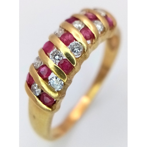 177 - AN 18K YELLOW GOLD DIAMOND & RUBY RING - 0.20CTW. 3.3G. SIZE T. SC5098.