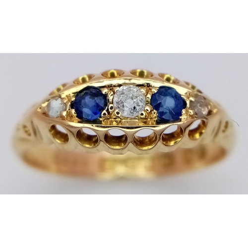 184 - AN 18K YELLOW GOLD ANTIQUE GEORGIAN DIAMOND & SAPPHIRE RING - 2.3G. SIZE M. HALLMARKED CHESTER 1911.... 