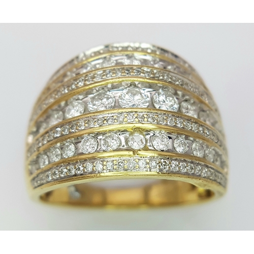 36 - AN 18K YELLOW GOLD 7 ROW DIAMOND RING. 1CTW. 5.9G. SIZE L. SC5078