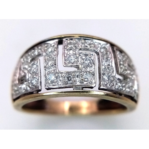 412 - A 9K YELLOW GOLD GREEK KEY DESIGN DIAMOND RING. 3.2G. SIZE O. SC5064.