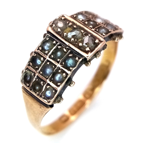 1014 - A 15K YELLOW GOLD ANTIQUE DIAMOND & PEARL RING 2.2G SIZE M , HALLMARKED CHESTER 182. Ref: SC 4030