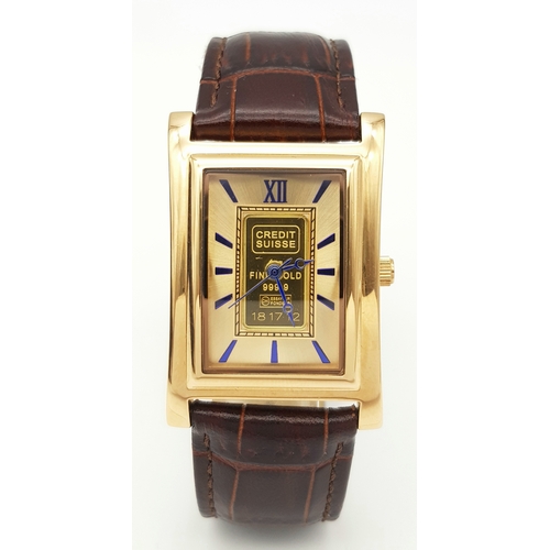 208 - A Men’s (excellent condition) Stauer Swiss Fine Gold 1 Gram Ingot Face Tank Style Watch. 28mm Rose G... 