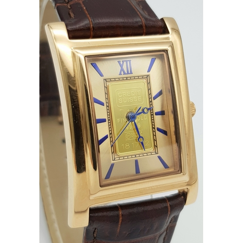 208 - A Men’s (excellent condition) Stauer Swiss Fine Gold 1 Gram Ingot Face Tank Style Watch. 28mm Rose G... 