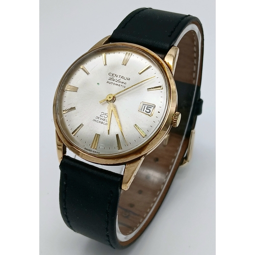 1139 - A Vintage 9K Gold Cased Centaur De Luxe Automatic Gents Watch. Black leather strap. 9K gold case - 3... 