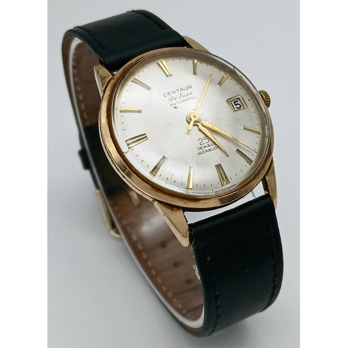 1139 - A Vintage 9K Gold Cased Centaur De Luxe Automatic Gents Watch. Black leather strap. 9K gold case - 3... 