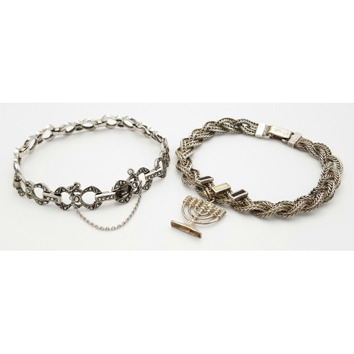 1312 - Two Vintage Elegant Solid Silver 925 Bracelets, Marcasite Plait, Safety Chain. Total weight: 38.4 gr... 