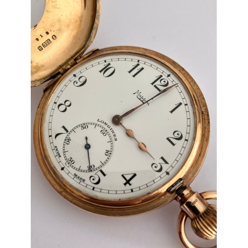 126 - Vintage 9 CARAT GOLD LONGINES HALF HUNTER POCKET WATCH. 17 Jewels. Swiss Made. No: 3840861. Supplied... 