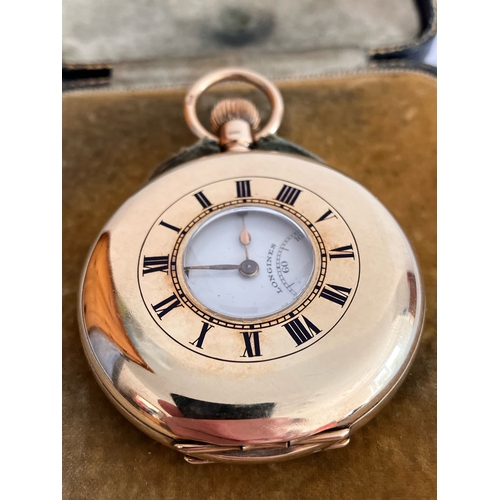 126 - Vintage 9 CARAT GOLD LONGINES HALF HUNTER POCKET WATCH. 17 Jewels. Swiss Made. No: 3840861. Supplied... 