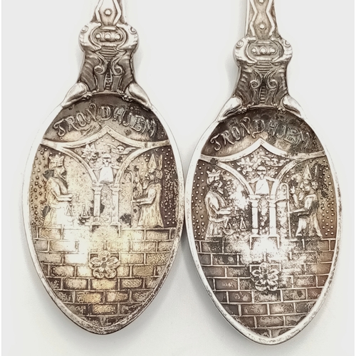 1687 - 2X antique 830 silver Christian spoons. Total weight 58G. Total length 13cm.