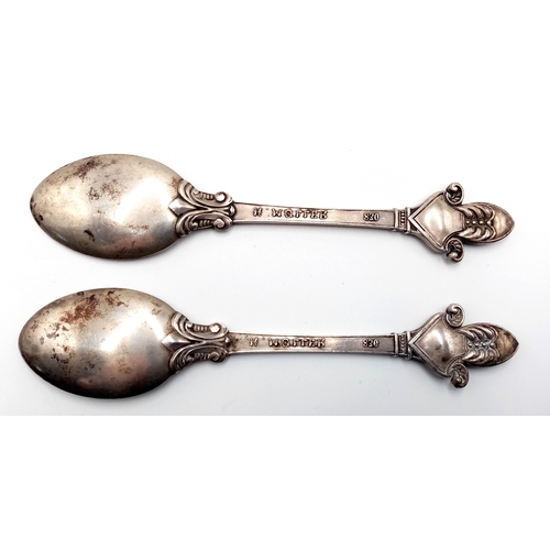 1687 - 2X antique 830 silver Christian spoons. Total weight 58G. Total length 13cm.