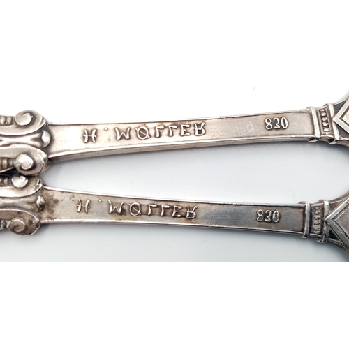 1687 - 2X antique 830 silver Christian spoons. Total weight 58G. Total length 13cm.