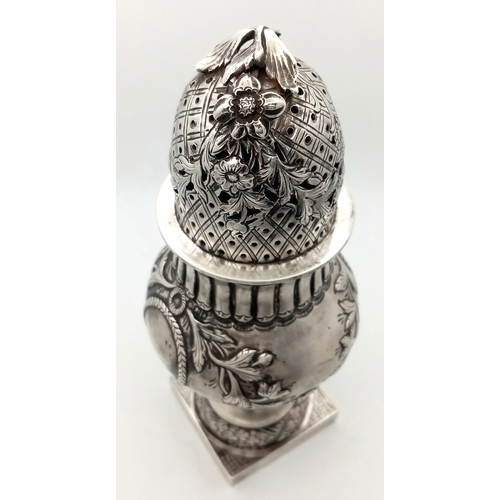 1692 - Withdrawn - A Wonderful Antique Sterling Silver Sugar Castor. Baluster form with pierced floral and ... 