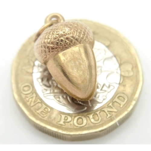 1369 - A 9K Yellow Gold Acorn Pendant/Charm. 15mm. 0.7g