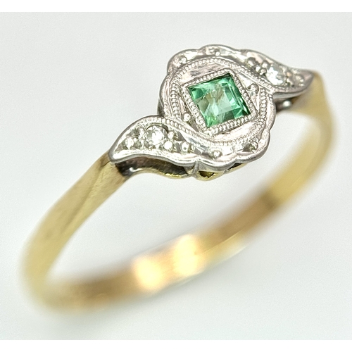 170 - AN 18K YELLOW GOLD, PLATINUM, VINTAGE DIAMOND & EMERALD RING. 2.4G. SIZE Q. SC5089