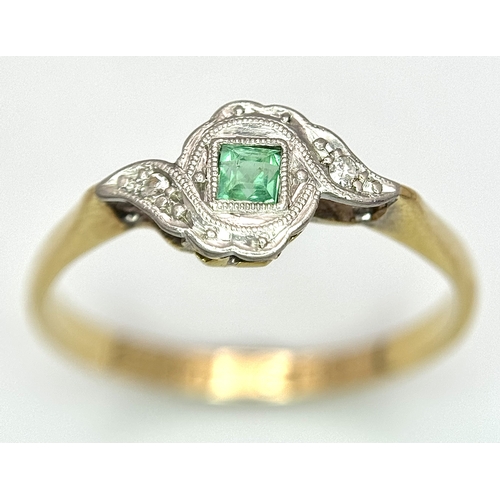 170 - AN 18K YELLOW GOLD, PLATINUM, VINTAGE DIAMOND & EMERALD RING. 2.4G. SIZE Q. SC5089