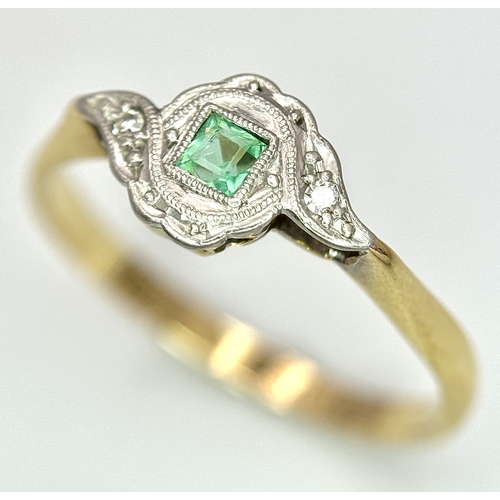 170 - AN 18K YELLOW GOLD, PLATINUM, VINTAGE DIAMOND & EMERALD RING. 2.4G. SIZE Q. SC5089