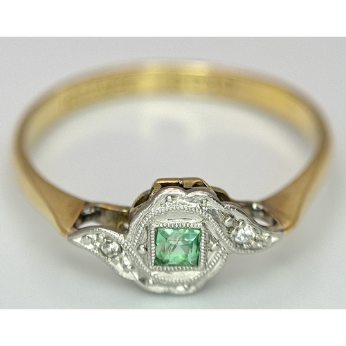 170 - AN 18K YELLOW GOLD, PLATINUM, VINTAGE DIAMOND & EMERALD RING. 2.4G. SIZE Q. SC5089