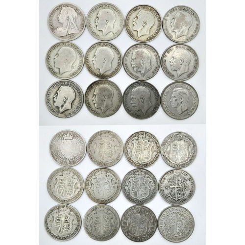 1293 - 12 Pre 1947 Silver Half Crowns. 165g. Please see photos for conditions.