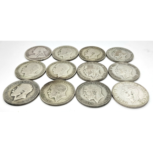 1293 - 12 Pre 1947 Silver Half Crowns. 165g. Please see photos for conditions.