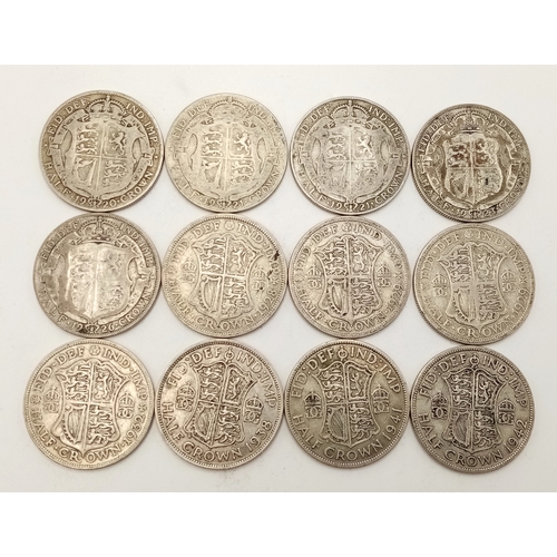 1686 - 12 Pre 1947 Silver Half Crown Coins. Please see photos for conditions. 165.5g