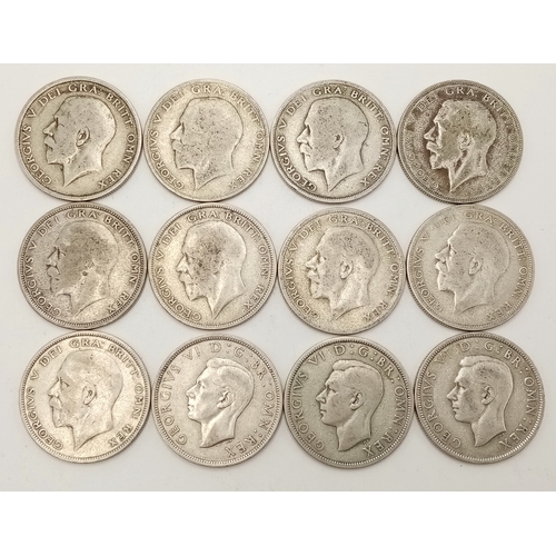 1686 - 12 Pre 1947 Silver Half Crown Coins. Please see photos for conditions. 165.5g