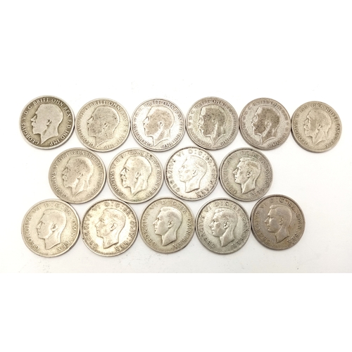 1691 - 15 Pre 1947 Silver Florin Coins. Please see photos for conditions. 166g