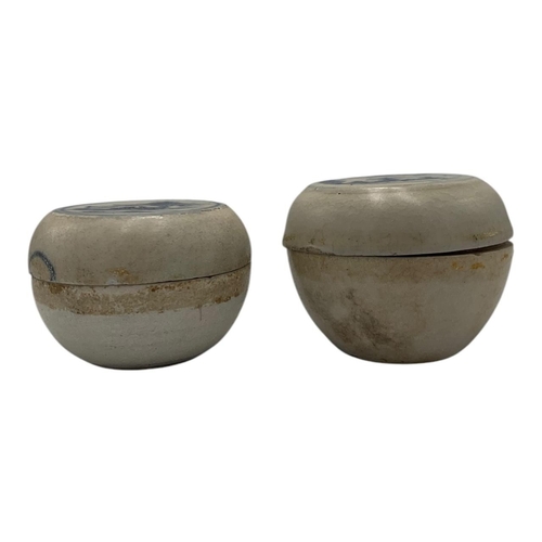 1141 - A Pair of antique Chinese Qing dynasty Blue and White Porcelain Lidded powder Boxes. Crack glazed Ha... 