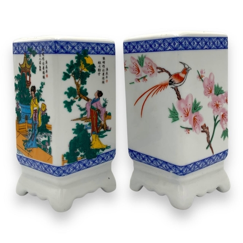 919 - A Pair of vintage Chinese Porcelain Square Brush Pots. Hand-painted porcelain exterior featuring int... 