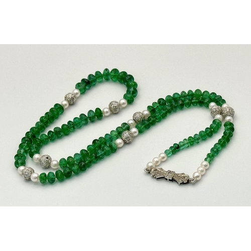 28 - An Emerald Small Rondelle Necklace with Seed Pearl and Diamond Glitterball Fancy Spacers. 18K gold a... 