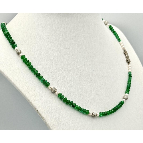 28 - An Emerald Small Rondelle Necklace with Seed Pearl and Diamond Glitterball Fancy Spacers. 18K gold a... 