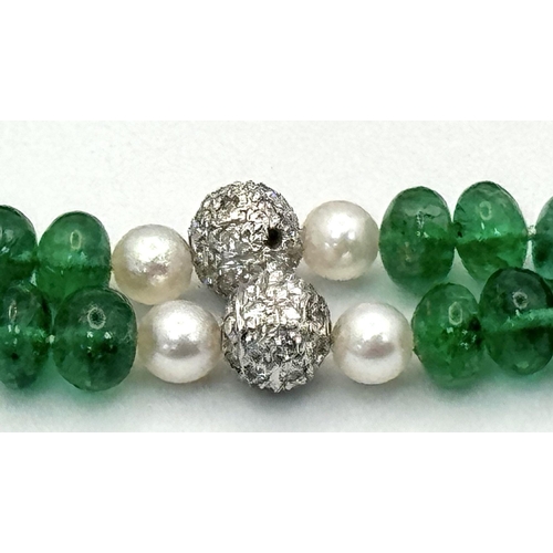 28 - An Emerald Small Rondelle Necklace with Seed Pearl and Diamond Glitterball Fancy Spacers. 18K gold a... 