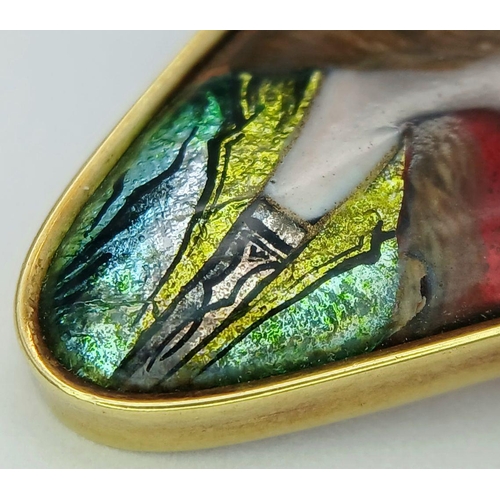 342 - An 18K Yellow Gold Limoges Portrait Brooch. Trillion form. 4cm. 6.3g