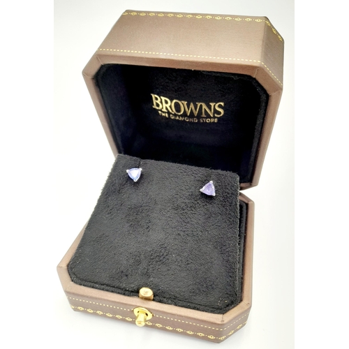385 - A Pair of Designer 'Browns' 9K Gold and Blue Sapphire Trillion Cut Stud Earrings. 1.2g. Come with a ... 